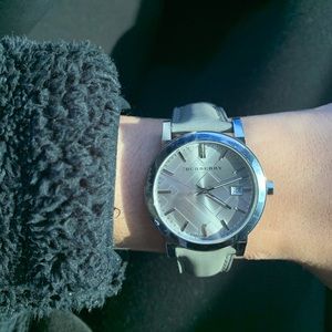 Silver Burberry Watch with Grey leather band